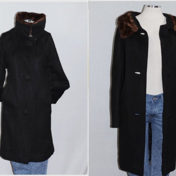 Fur Collar Black Wool Trench Coat - Picture 12 of 15